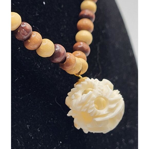 Bovine Bohemian Carved Pendant Ball inside a Ball Wooden Beads 17in - Picture 3 of 5